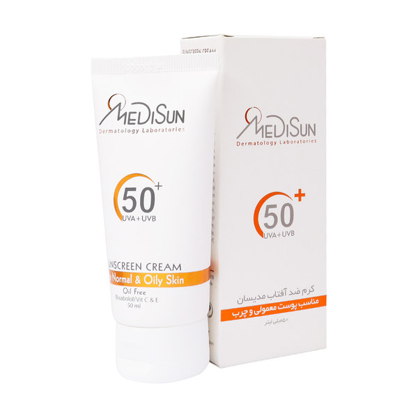  کرم ضد آفتاب بی رنگ spf50 پوست معمولی و چرب مدیسان 50 میلی لیتر